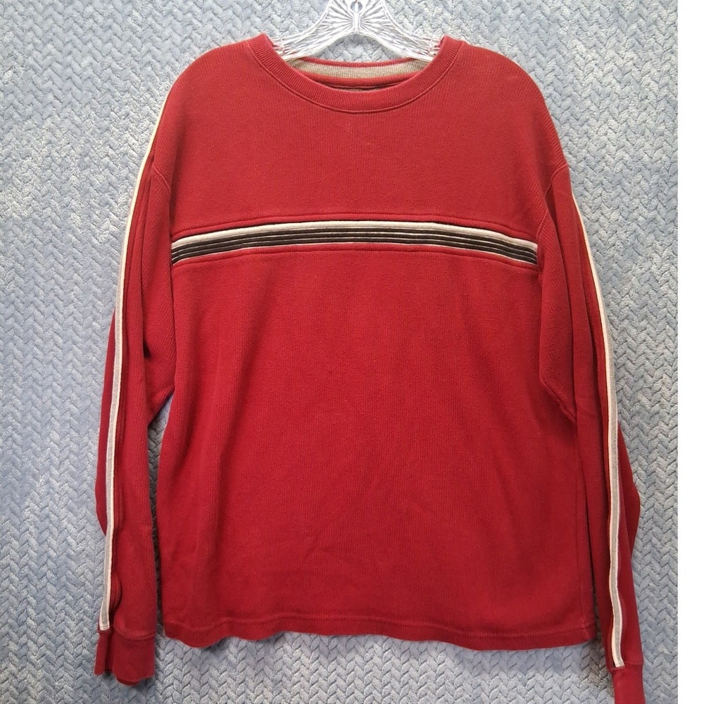 Y2K Point Zero Mens XL Red Ribbed Knit Long Sleeve Shirt Racing Stripe Crew Neck